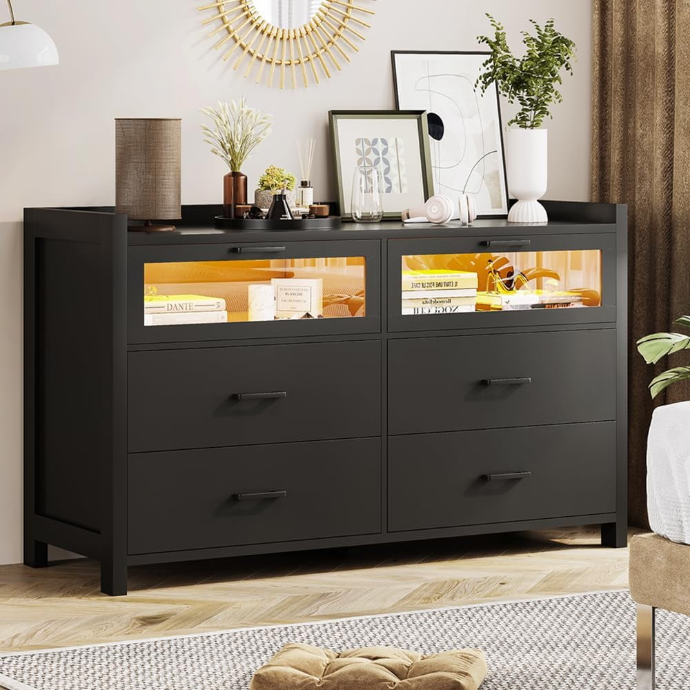 Tiptiper 6 Drawer Dressers, Black Dresser for Bedroom with LED Lights