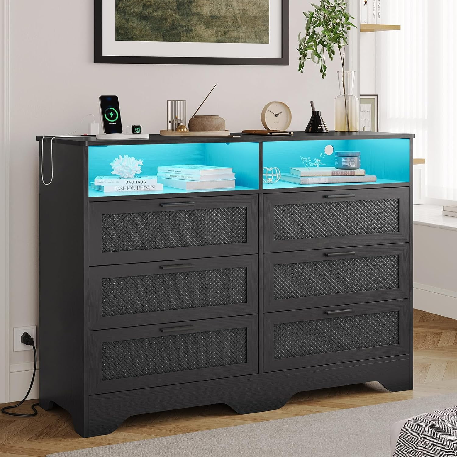 Tiptiper Black 6 Drawer Dresser with Charging Station and LED Lights, Modern Double Dresser with