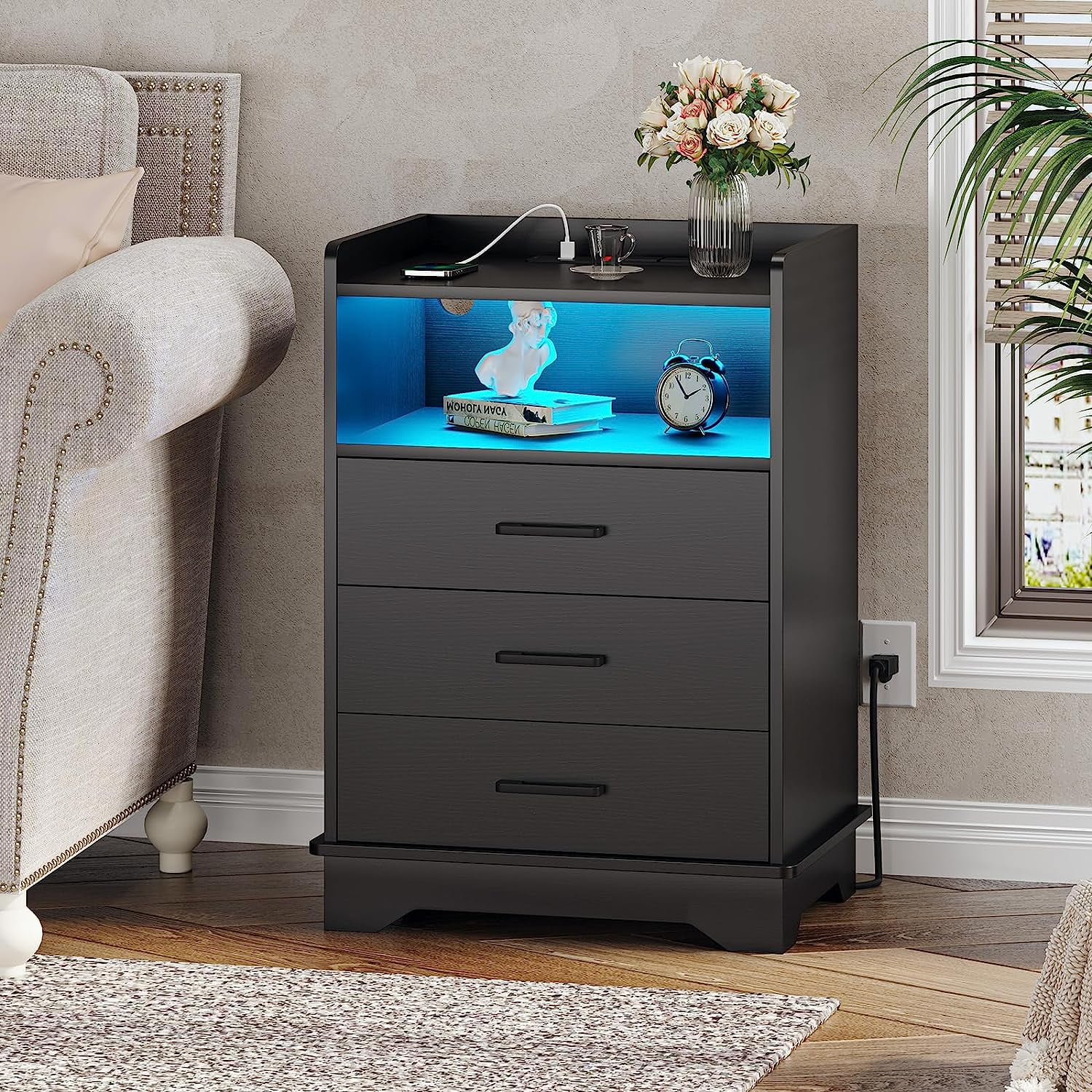 Tiptiper Black LED Nightstand with Charging Station, Night Stand 3