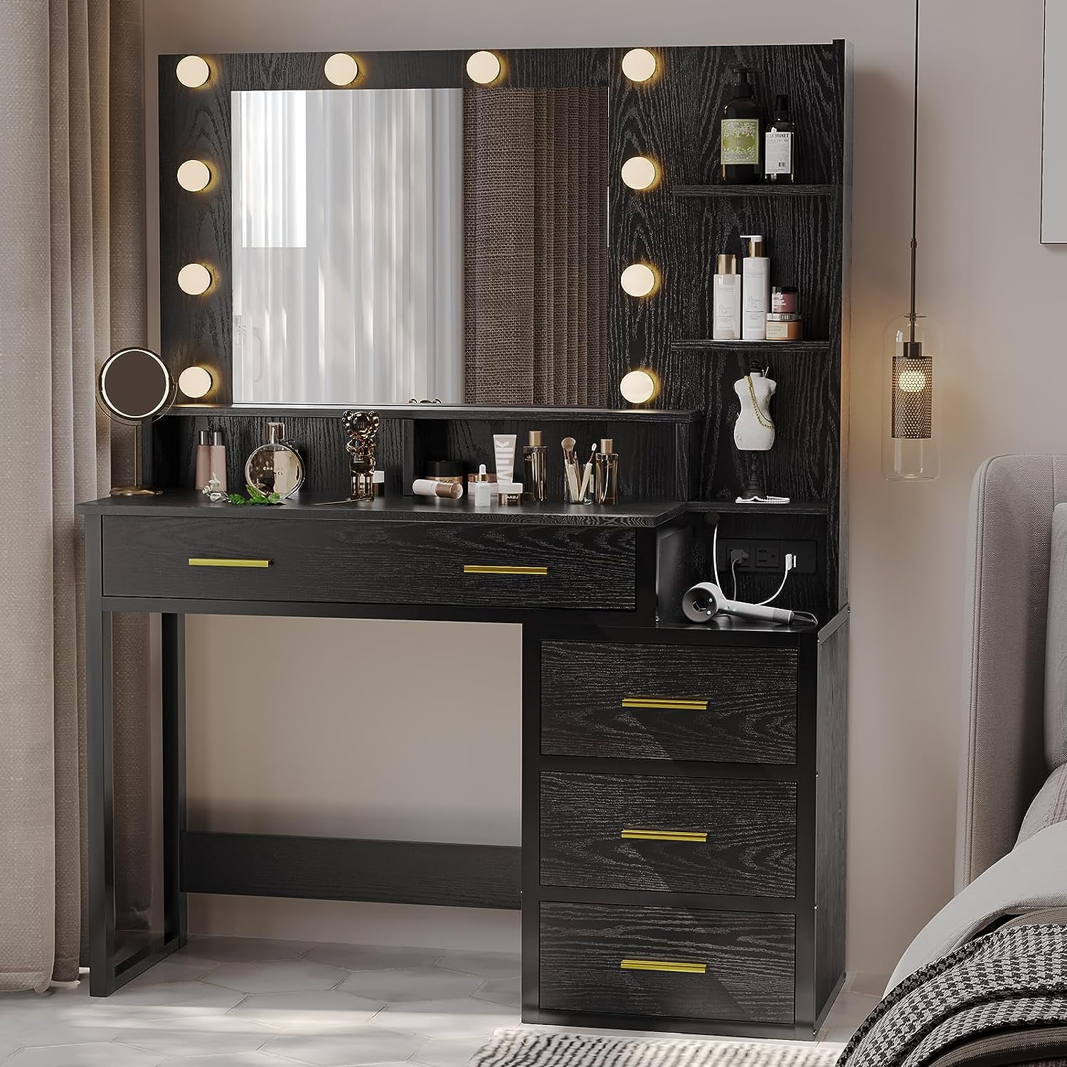 Tiptiper Black Vanity with 10 Light Bulbs, Modern Vanity Desk with Mirror and 3 Lighting Modes