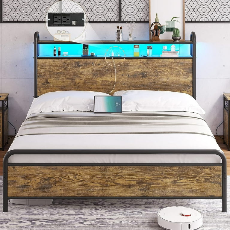  Tiptiper Bed Frame Full Size with Storage Drawers & LED Lights  Headboard, Platform Bed Frame with Outlets & USB Ports, Noise-Free, No Box  Spring Needed, Rustic Brown : Home & Kitchen