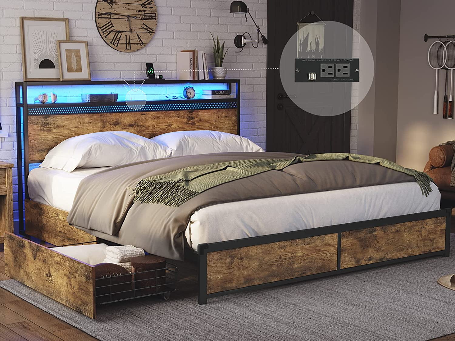 Tiptiper LED Bed Frame Queen Size with Storage Drawers & Headboard