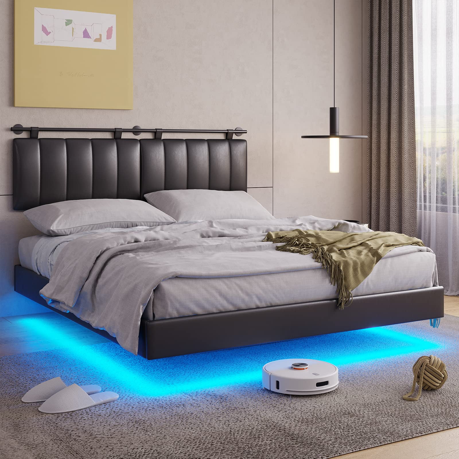 Tiptiper LED Floating Queen Bed Frame with Wall Mounted Headboard