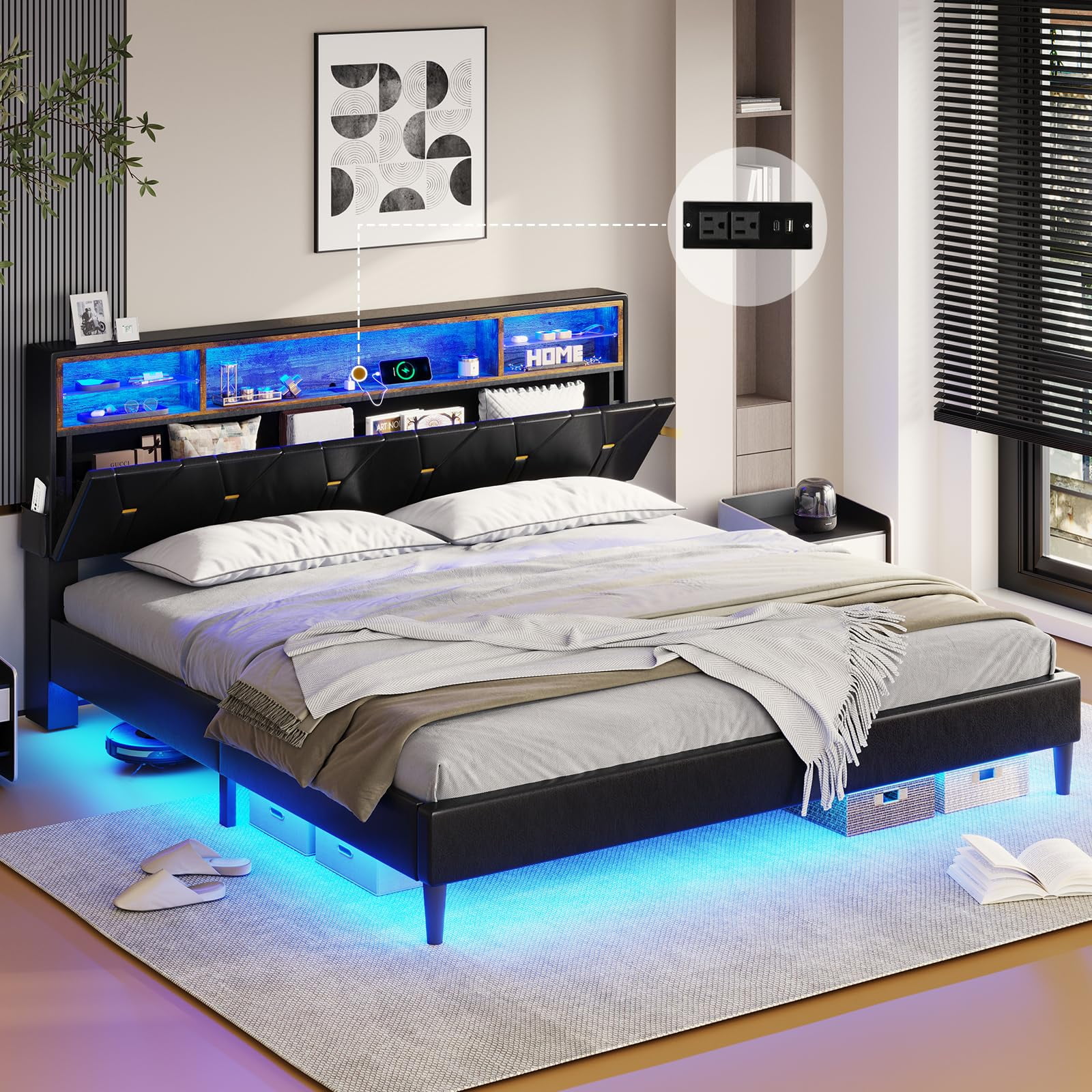 Tiptiper LED King Size Bed Frame with Headboard Storage and Charging Station, Faux Leather