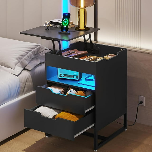 Tiptiper LED Nightstand with Reversible Lift Top, Tall Night Stand with