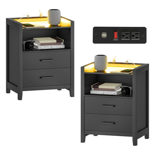 Tiptiper LED Nightstands Set of 2, Black Night Stand with Charging