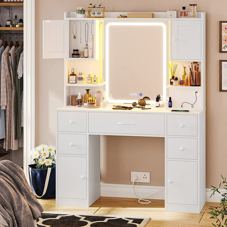 Tiptiper Large Vanity Desk with Mirror and Lights, 5 Drawers Makeup Vanity  with Lights and Charging Station, Vanity Table with Smart Mirror with Time Temperature  Display, White 