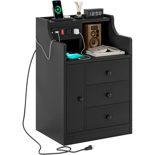 Tiptiper Nightstand 3 Drawer with Charging Station USB Port, Bedside