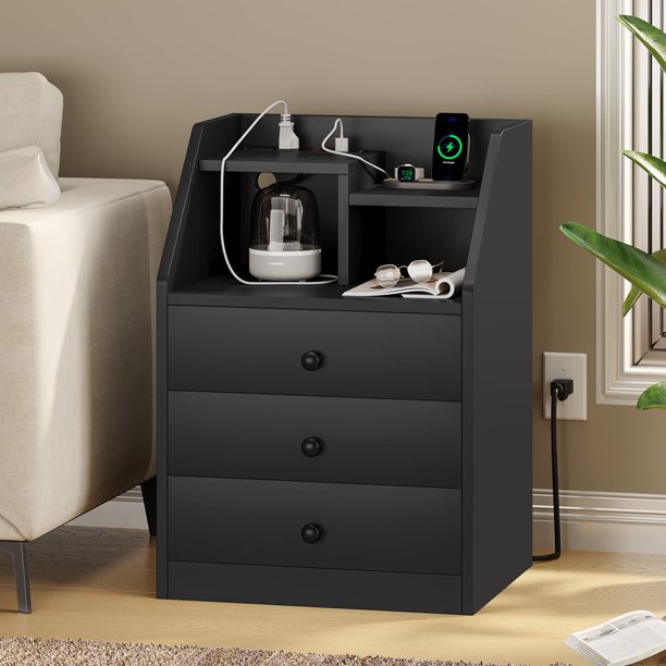Tiptiper Nightstand with Charging Station, Black Night Stand with 3