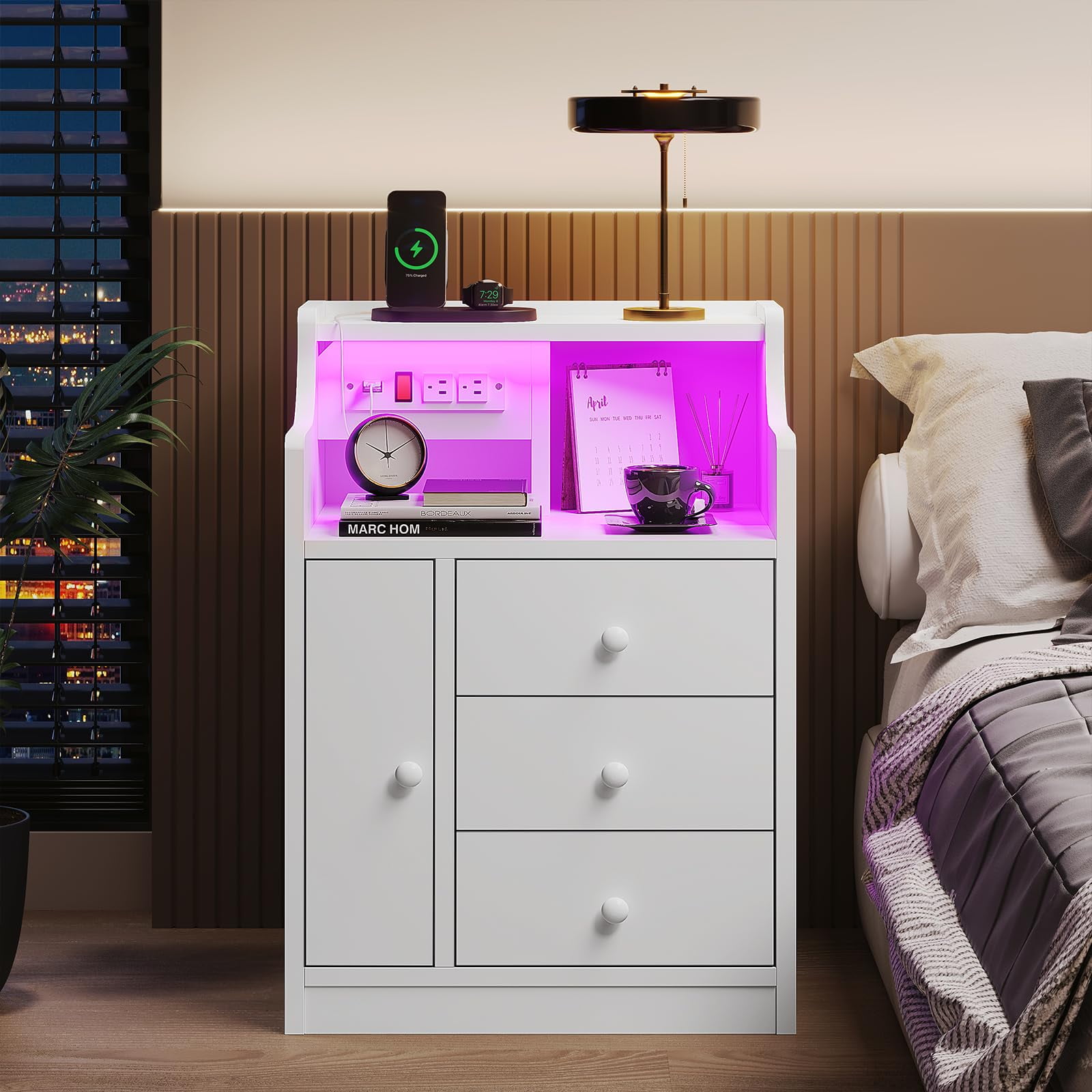 Tiptiper Nightstand with Charging Station USB Port and LED Light