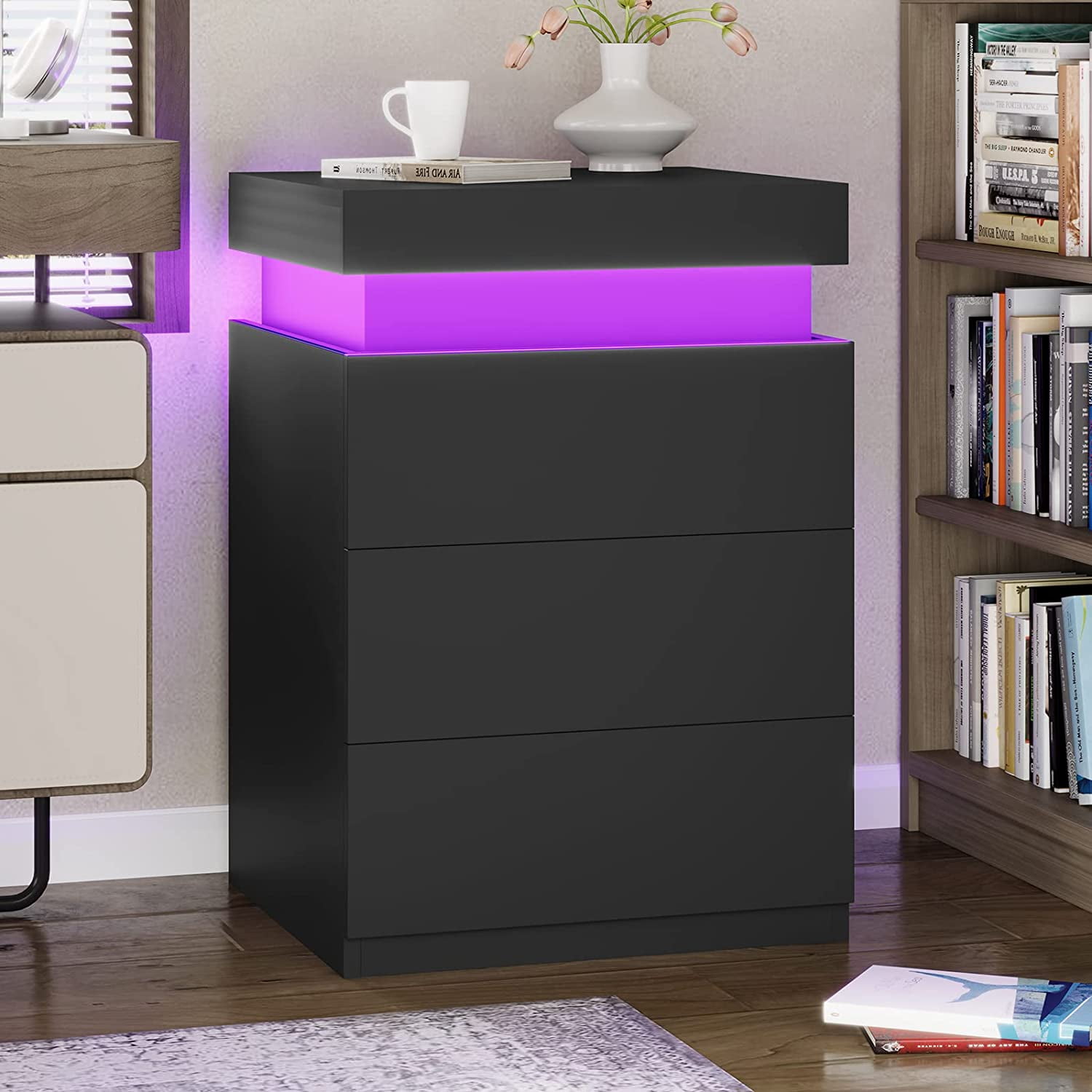 Tiptiper Nightstand with Charging Station and LED Lights,3 Drawers