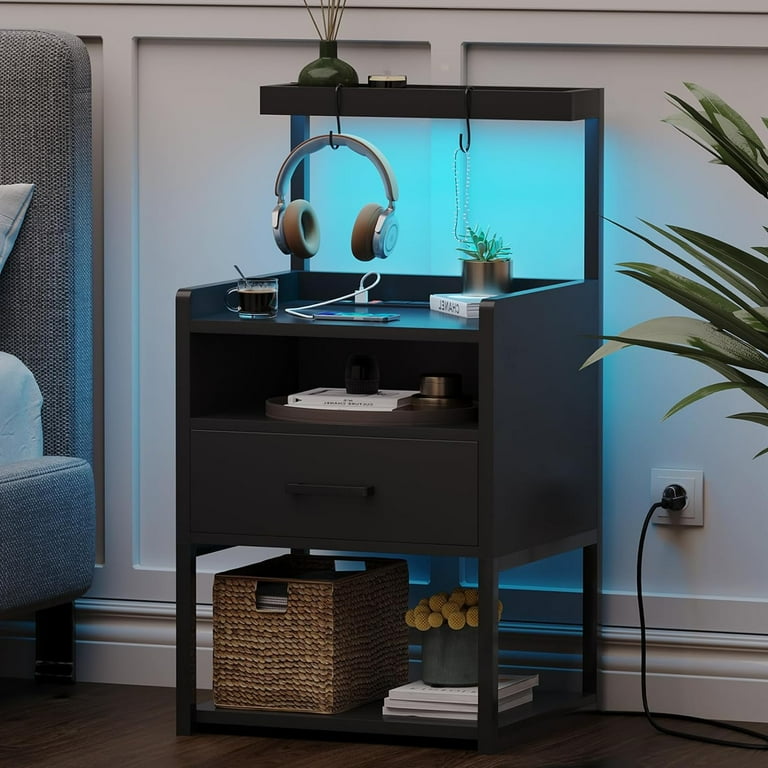 Black nightstand with 2024 drawer and shelf