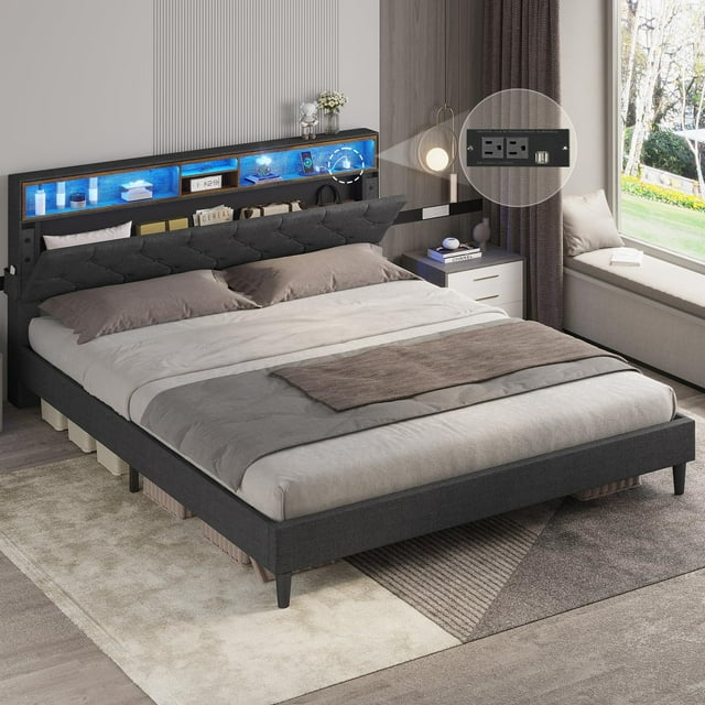 Tiptiper Queen Bed Frame with LED Lights Headboard and Storage