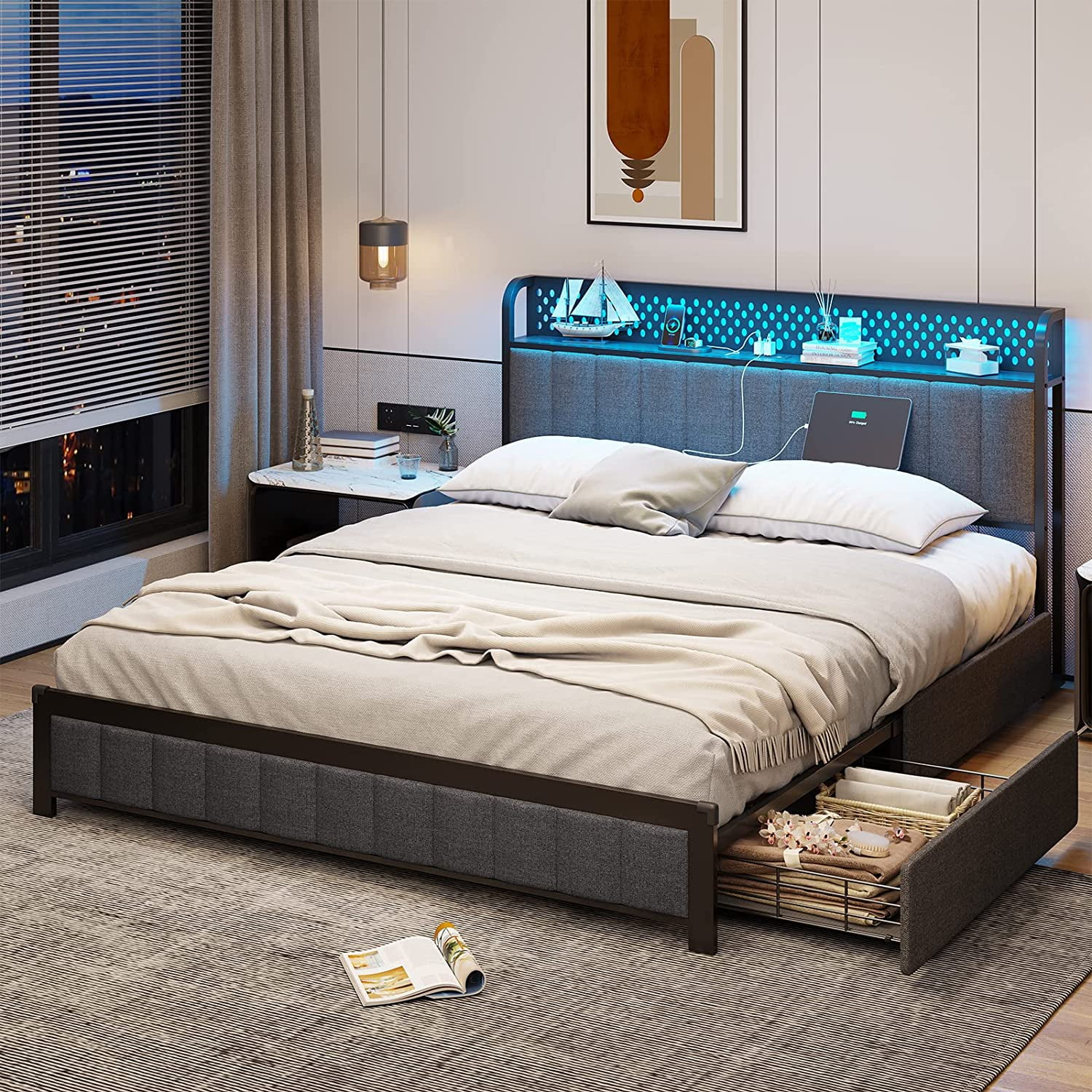 Tiptiper Queen Bed Frame with Storage Headboard, LED Bed Frame with