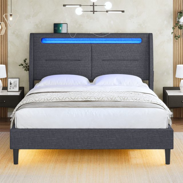 Tiptiper Queen LED Bed Frame with Headboard and USB Ports Upholstered