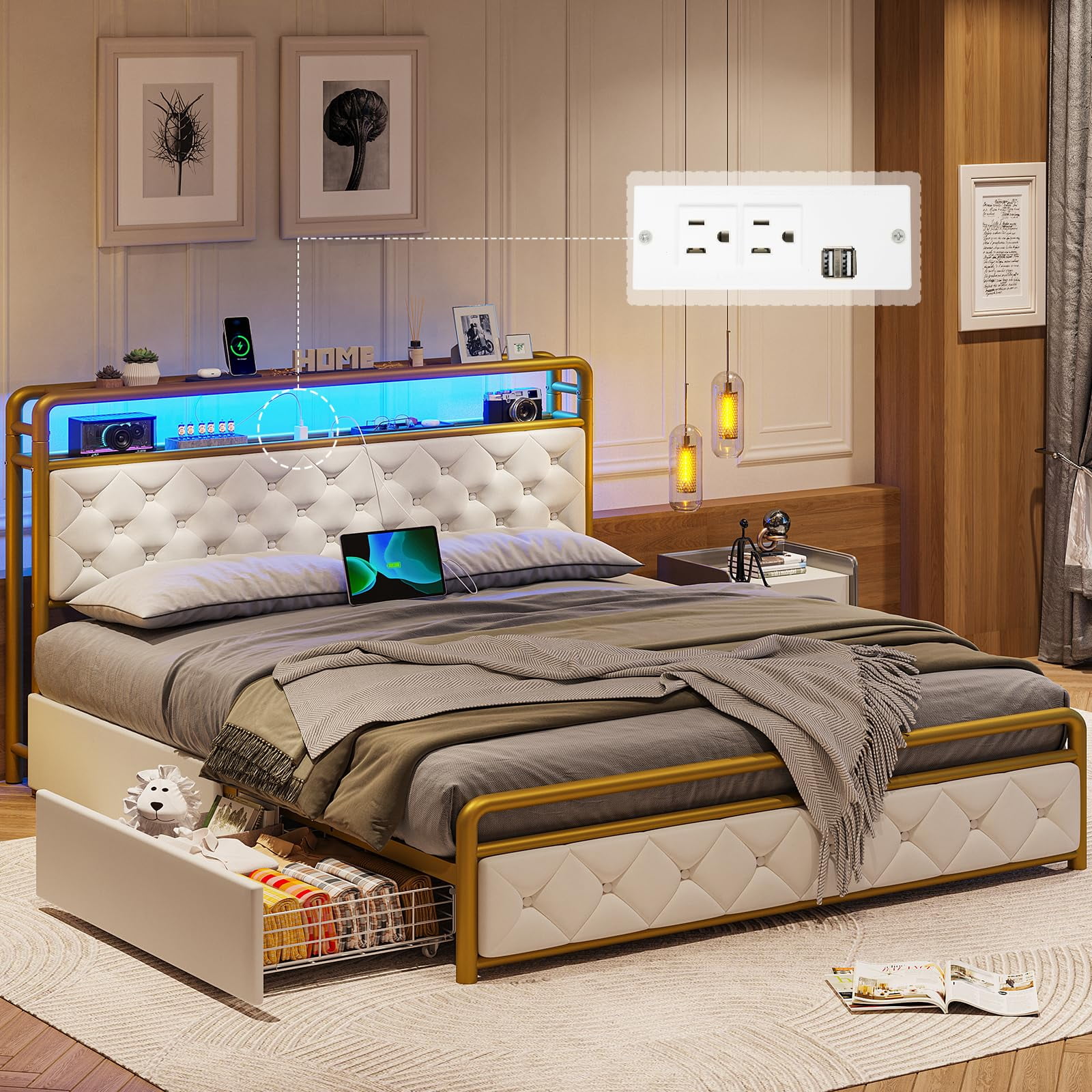 Tiptiper Queen LED Bed Frame with Storage Headboard,Queen Size Platform