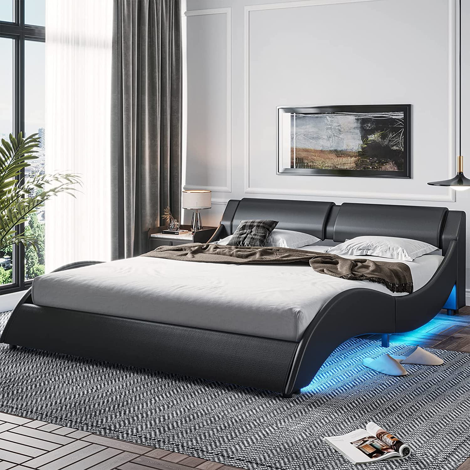 Tiptiper Queen LED Bed Frame Upholstered Low Profile Platform with Faux PU Leather Headboard 16 Colors LED Lights Wave Like
