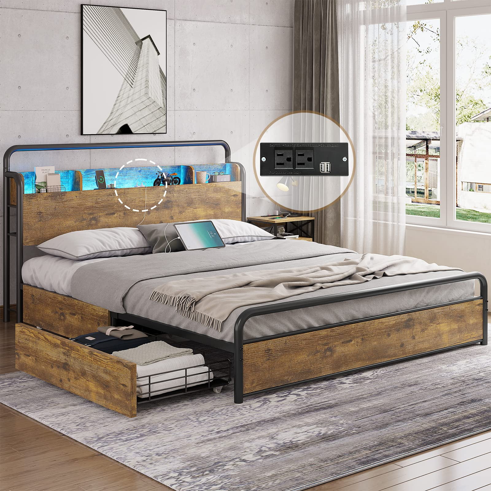  Tiptiper Bed Frame Full Size with Storage Drawers & LED Lights  Headboard, Platform Bed Frame with Outlets & USB Ports, Noise-Free, No Box  Spring Needed, Rustic Brown : Home & Kitchen