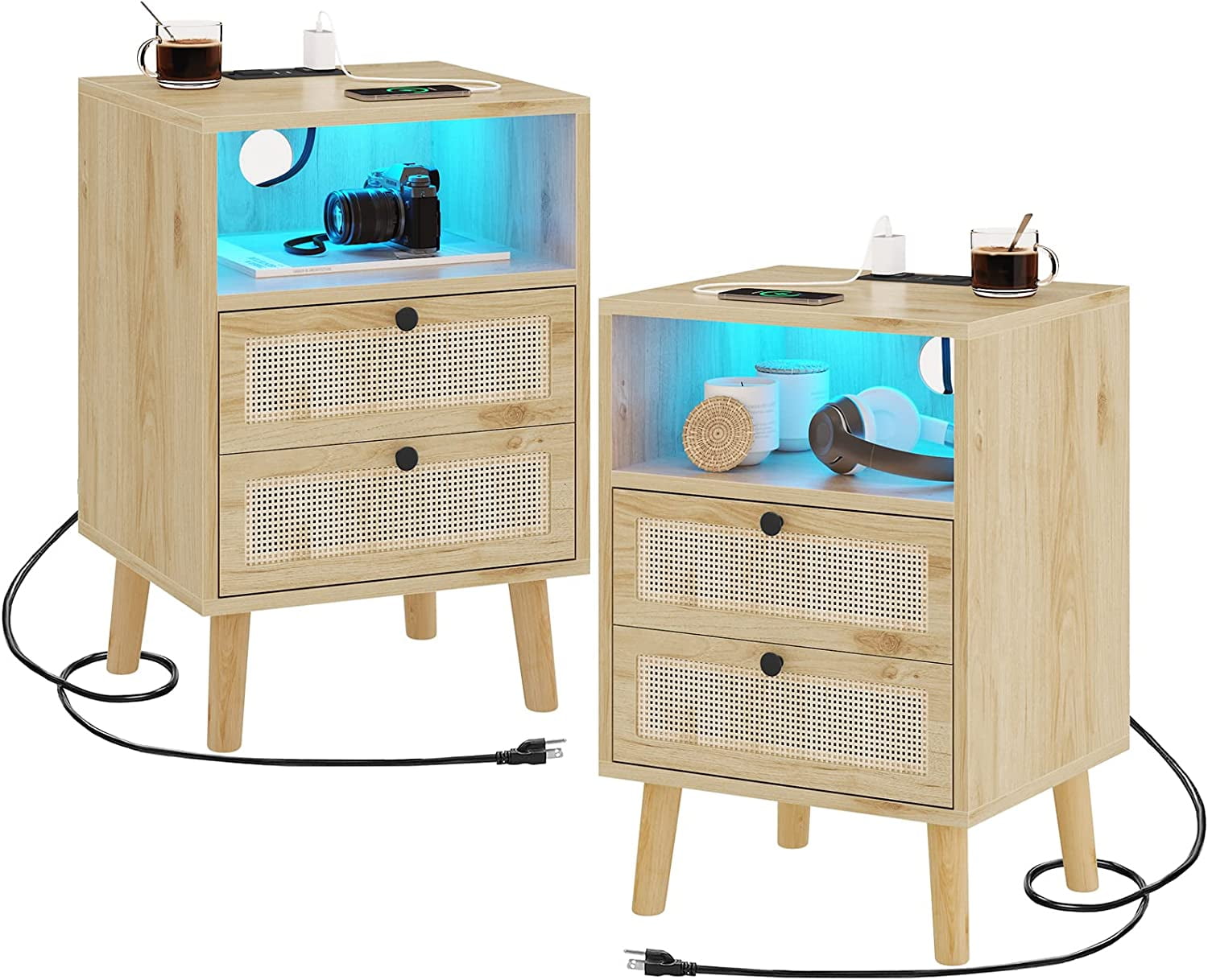 Tiptiper Rattan Nightstands Set of 2 with Charging Station and LED Lights, Bed Side Tables with Hand Made Rattan Drawers and Open Storage