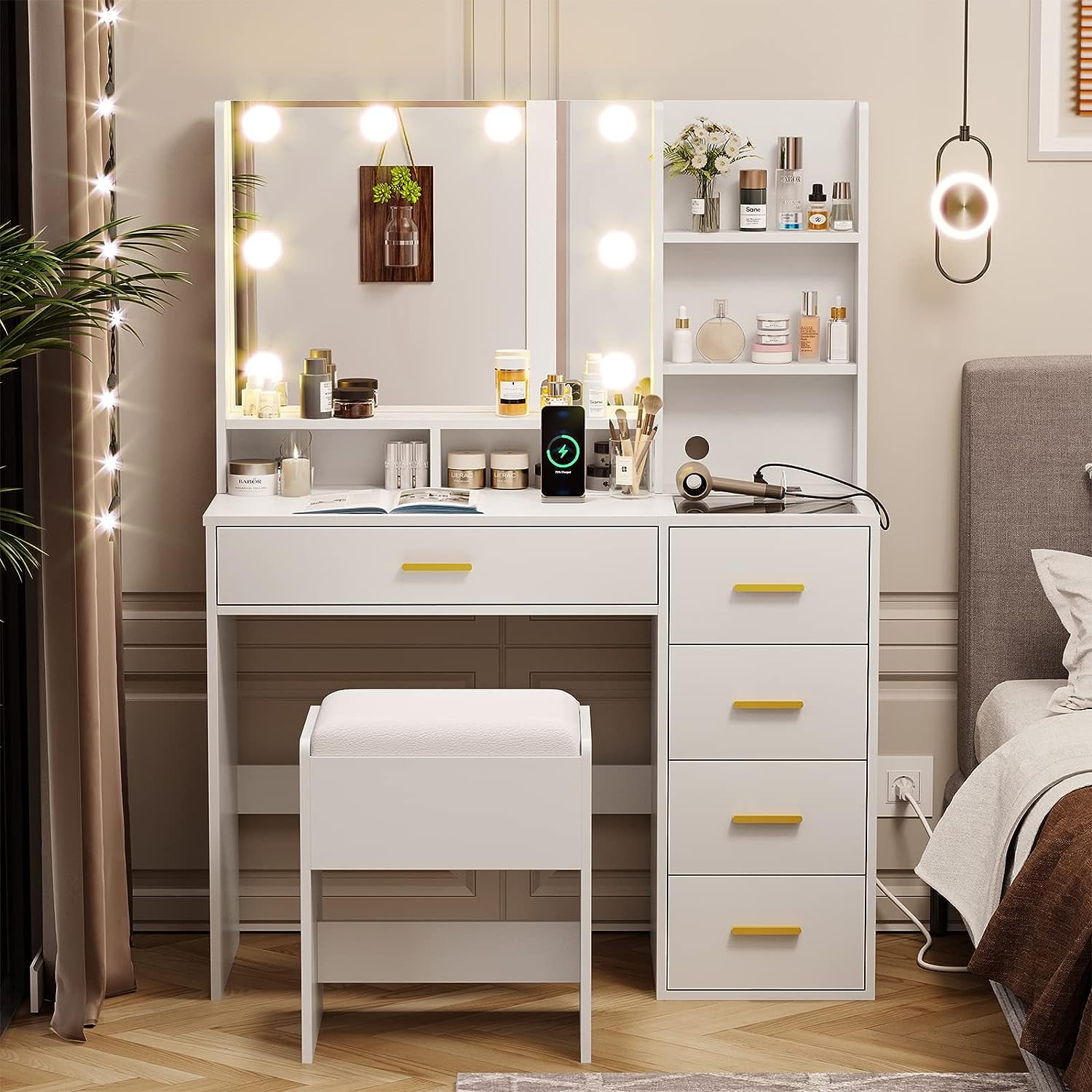Tiptiper Vanity Set with Lights and Charging Station, Vanity Desk with