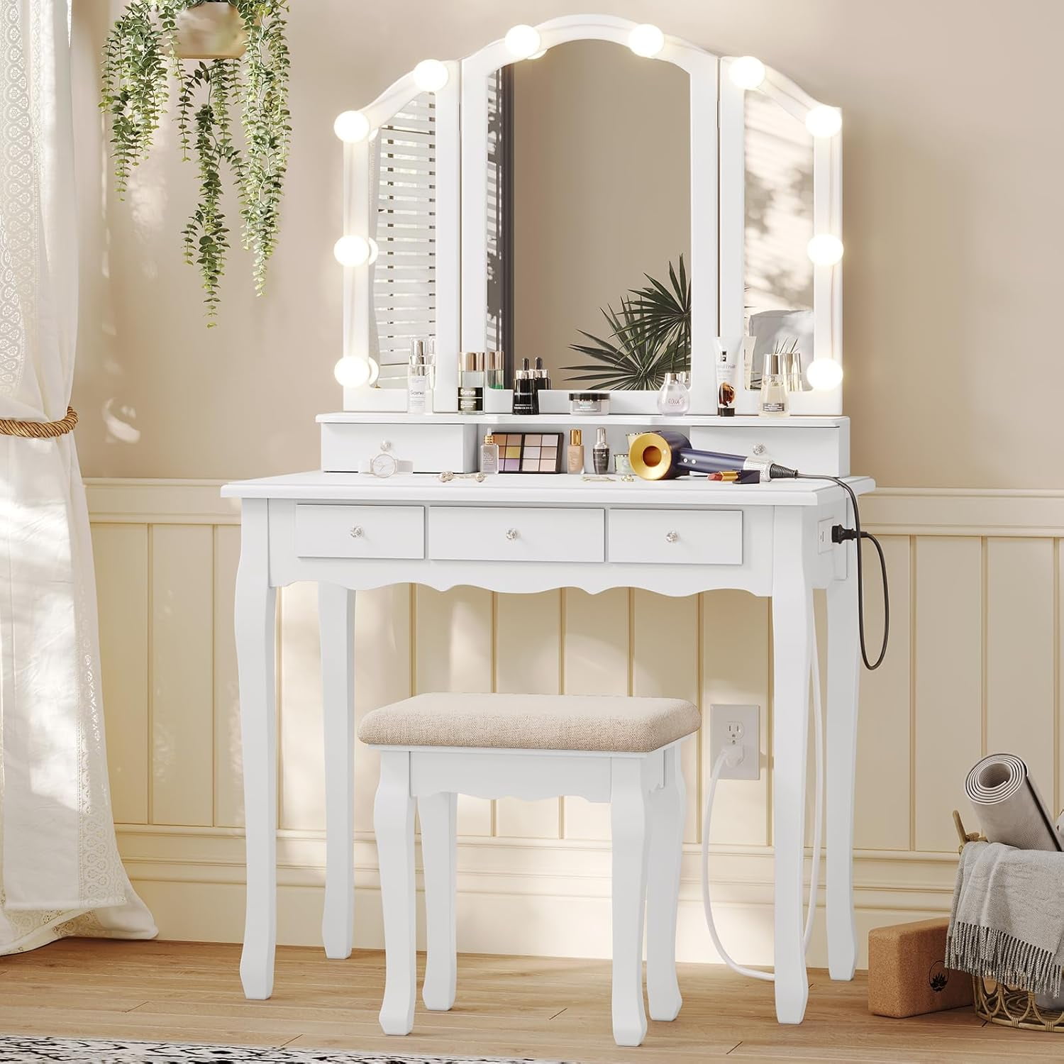 Tiptiper White Makeup Vanity with Lights & Charging Station, Vanity