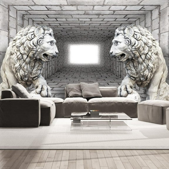 Tiptophomedecor 3D Illusion Wallpaper Wall Mural - Stone Lions