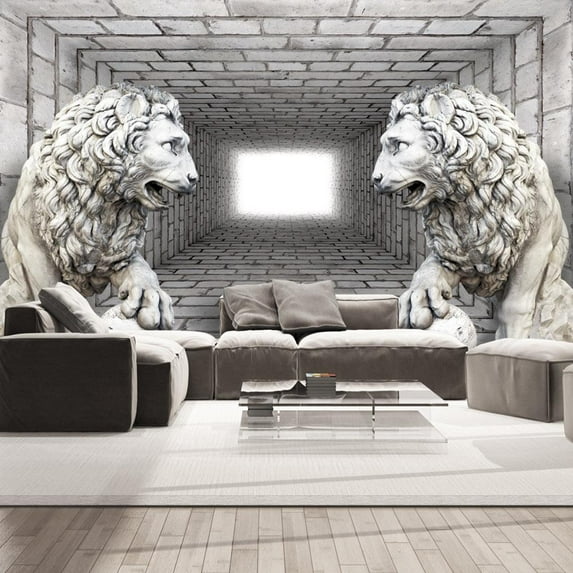 Tiptophomedecor 3D Illusion Wallpaper Wall Mural - Stone Lions