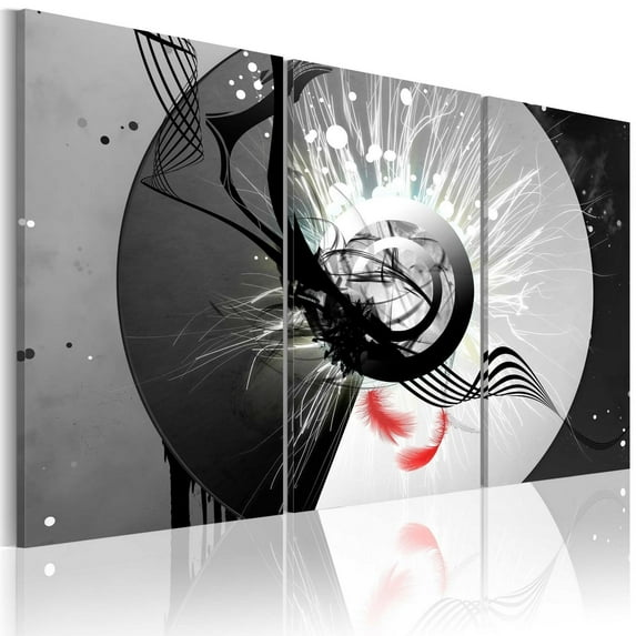 Tiptophomedecor Abstract Canvas Wall Art - Metal Circle & Red Feathers - Stretched & Framed Ready To Hang Art