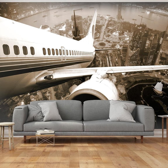 Tiptophomedecor Cityscape Wallpaper Wall Mural - Airplane Taking Off From The City