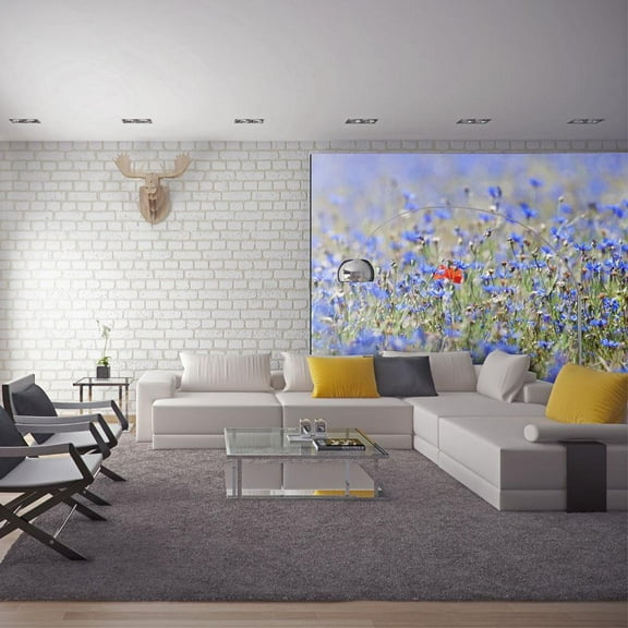 Tiptophomedecor Floral Wallpaper Wall Mural - A Field Of Sky Blue Flowers