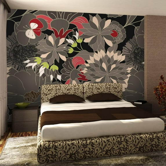 Tiptophomedecor Floral Wallpaper Wall Mural - Floral Design Gray