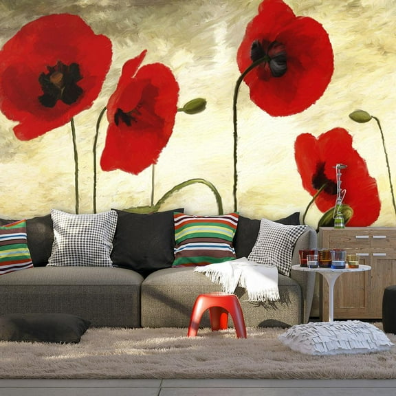 Tiptophomedecor Floral Wallpaper Wall Mural - Golden Field Of Poppies