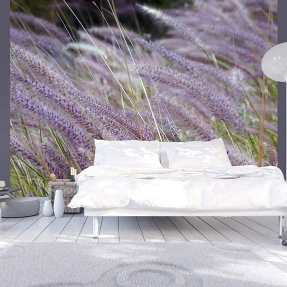 Tiptophomedecor Floral Wallpaper Wall Mural - Green Field And Purple Flowers