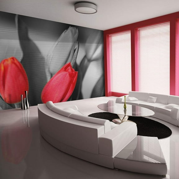 Tiptophomedecor Floral Wallpaper Wall Mural - Red Tulips On Black And White Background