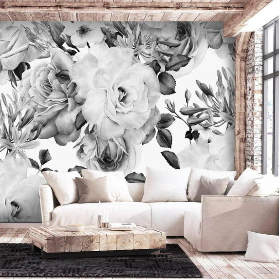 Tiptophomedecor Floral Wallpaper Wall Mural - Sentimental Garden Black & White