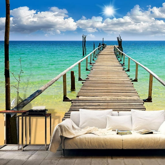 Tiptophomedecor Landscape Wallpaper Wall Mural - Beach, Sun, Bridge