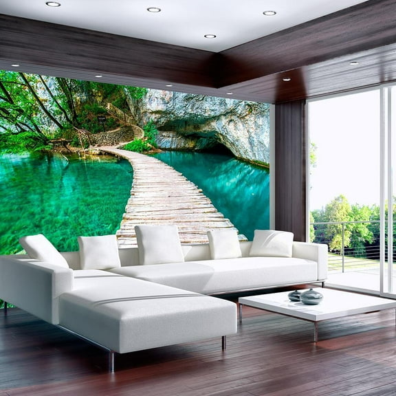 Tiptophomedecor Landscape Wallpaper Wall Mural - Crystal Clear Lake With Bridge