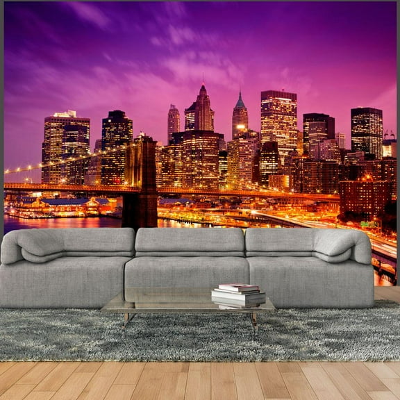 Tiptophomedecor New York Wallpaper Wall Mural - Manhattan & Brooklyn Bridge By Night