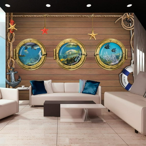 Tiptophomedecor Peel and Stick Animal Wallpaper Wall Mural - Coastal Portholes on Wood - Removable Wall Decals