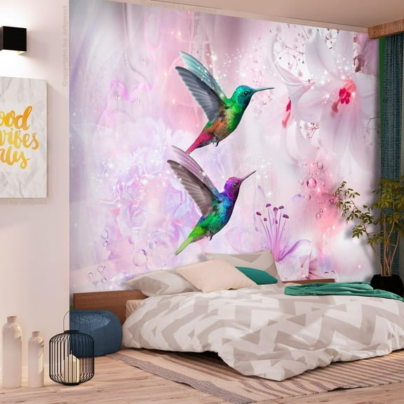 Tiptophomedecor Peel and Stick Animal Wallpaper Wall Mural - Colourful Hummingbirds Purple - Removable Wall Decals