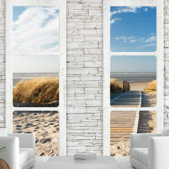 Tiptophomedecor Peel and Stick Beach Wallpaper Wall Mural - Beach View From Window - Removable Wall Decals