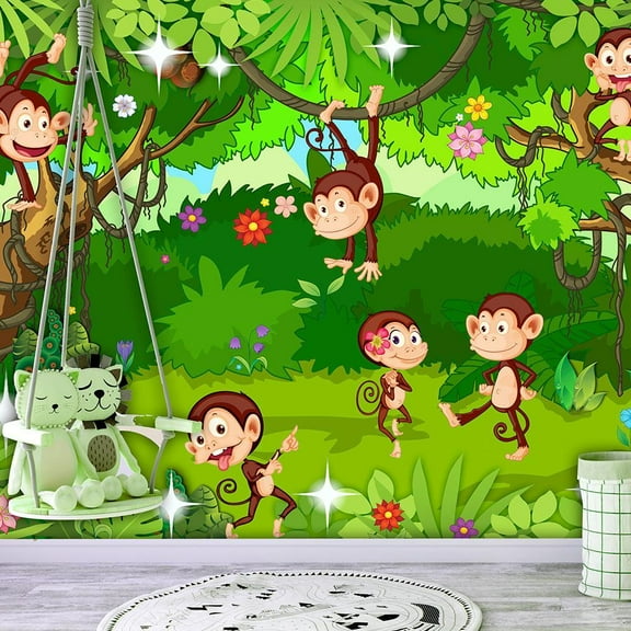 Tiptophomedecor Peel and Stick Cartoon Wallpaper Wall Mural - Monkey Tricks - Removable Wall Decals