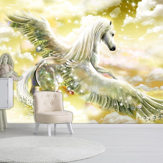 Tiptophomedecor Peel and Stick Fiction Wallpaper Wall Mural - Pegasus Yellow - Removable Wall Decals