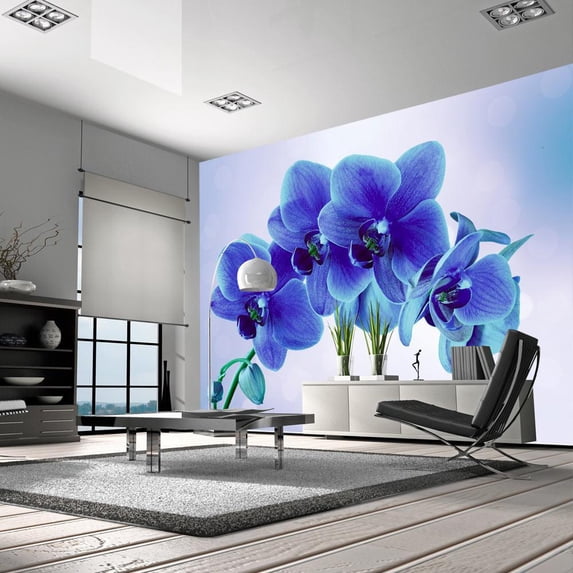 Tiptophomedecor Peel and Stick Floral Wallpaper Wall Mural - Blue Orchids - Removable Wall Decals
