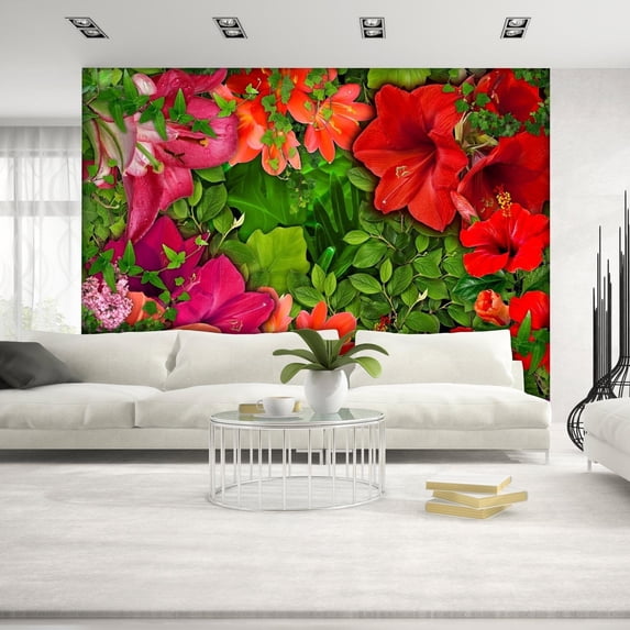 Tiptophomedecor Peel and Stick Floral Wallpaper Wall Mural - Bright Flowers And Leaves - Removable Wall Decals