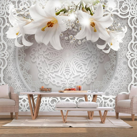 Tiptophomedecor Peel and Stick Floral Wallpaper Wall Mural - Lilies And Ornaments - Removable Wall Decals