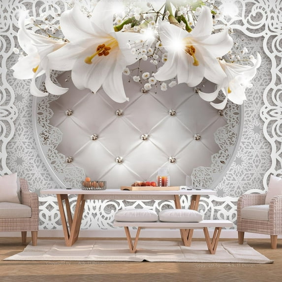 Tiptophomedecor Peel and Stick Floral Wallpaper Wall Mural - Lilies And Quilted Background - Removable Wall Decals