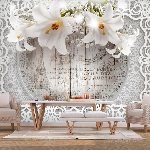 Tiptophomedecor Peel and Stick Floral Wallpaper Wall Mural - Lilies And Wooden Background - Removable Wall Decals