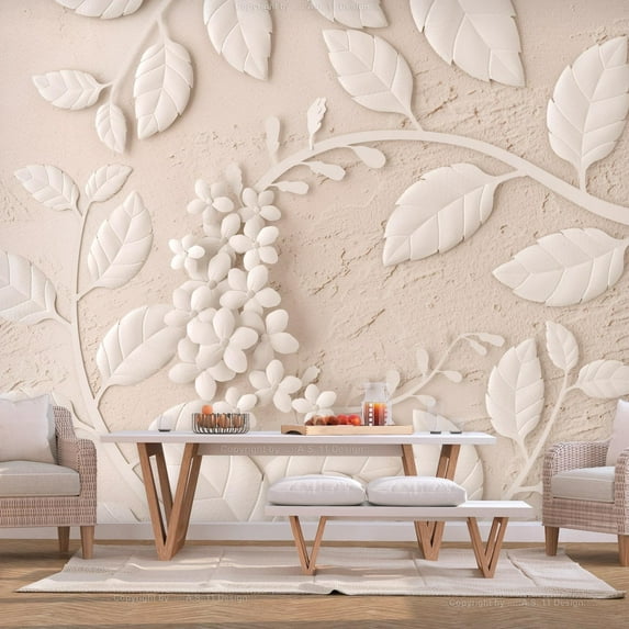 Tiptophomedecor Peel and Stick Floral Wallpaper Wall Mural - Paper Flowers Beige - Removable Wall Decals