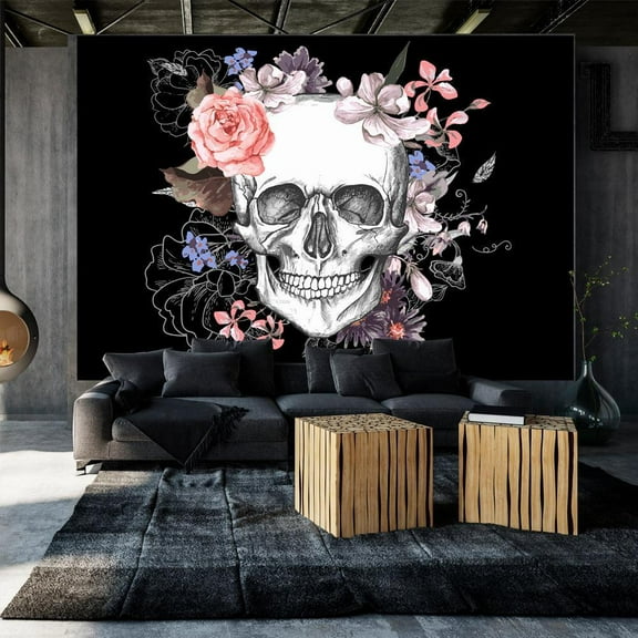 Tiptophomedecor Peel and Stick Floral Wallpaper Wall Mural - Skull And Flowers - Removable Wall Decals